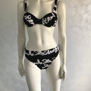 NWOT. ALBA MODA Italian Bikini 2 Piece Letter Print Black/White S-M